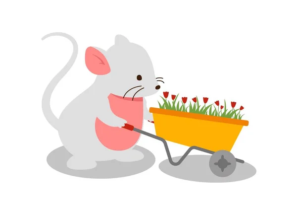 可爱的小老鼠与推车 可爱的啮齿动物用园艺工具运送植物和红花 美感与优雅 海报或横幅 卡通平面矢量插图 — 图库矢量图片