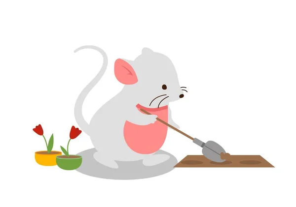 用铲子挖老鼠 用园艺工具吸引啮齿类动物会使土壤松动 并为红花和植物挖洞 关心自然和环境 卡通平面矢量插图 — 图库矢量图片