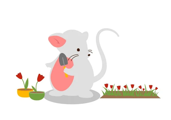Niedliche Maus Mit Schaufel Charakter Pflanzt Rote Blumen Frühling Und — Stockvektor
