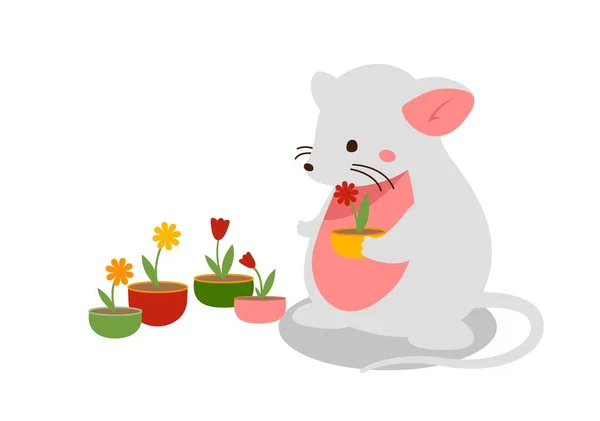 Jolie Souris Avec Pots Fleurs Rongeur Blanc Aux Plantes Soin — Image vectorielle