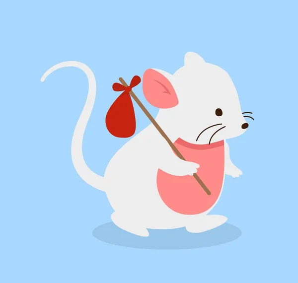带红包的老鼠白色的宠物和动物带着东西旅行 迁徙和移民 社交网络和信使的贴纸 迷人的啮齿动物 卡通平面矢量插图 — 图库矢量图片