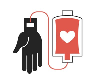 Basit bir tıbbi ikon. Kan bağışı ve gönüllülük. Alıcı kan nakli için kan bağışı yapar. Sosyal ağlar için tasarım ögesi. Çizgi film düz vektör çizimi beyaz arkaplanda izole edildi