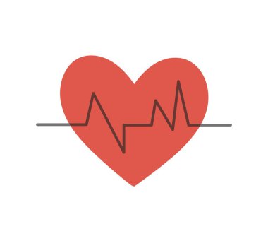 Basit bir tıbbi ikon. Kırmızı kalbi ve nabzı olan bir etiket veya elektrokardiyogram. Kalp-damar sistemi. Çıkartma için tasarım ögesi. Çizgi film düz vektör çizimi beyaz arkaplanda izole edildi