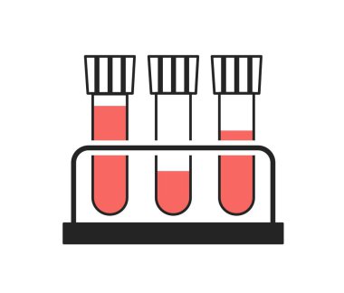 Basit bir tıbbi ikon. Test tüplü çıkartma ya da laboratuarda analiz için kan örnekleri. Biyokimyasal inceleme. Web için tasarım ögesi. Çizgi film düz vektör çizimi beyaz arkaplanda izole edildi