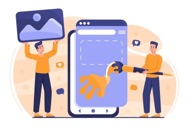 Seyyar arayüz oluşturan insanlar. Akıllı telefonun yanındaki adamlar, yaratıcı bireyler, grafik tasarımcıları ve serbest çalışanlar. Takım çalışması, işbirliği ve işbirliği konsepti. Çizgi film düz vektör çizimi