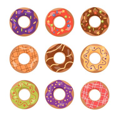 Jöleli donut seti. Web sitesi için grafik elementlerin toplanması. Tatlı ve lezzet, gurme. Tatlı ve kafe menüsü metaforu. Beyaz arkaplanda izole edilmiş çizgi film düz vektör çizimleri