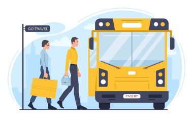 Seyahat konsepti. Otobüs durağındaki adamlar toplu taşıma için bekliyor, bavullu insanlar büyük sarı şehir otobüsüne biniyor. Web sitesi afişi ya da afişi. Seyahat ve turizm. Çizgi film düz vektör çizimi