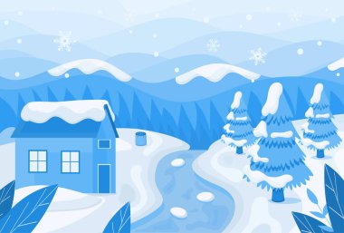 Kış manzarası konsepti. Kar yığınları ve büyük evli Noel ağaçları. Poster ya da afiş, şık bir arka plan. Soğuk havanın, seyahatin ve aktif yaşam tarzının sembolü. Çizgi film düz vektör çizimi