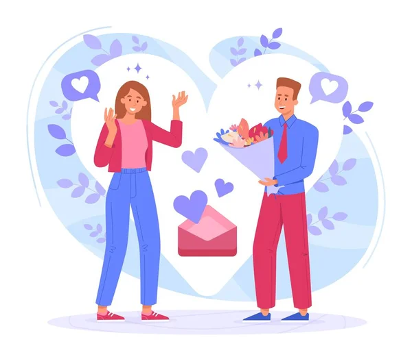 Valentinstag Konzept Mann Und Frau Mit Geschenkschachteln Liebe Fürsorge Zärtlichkeit — Stockvektor