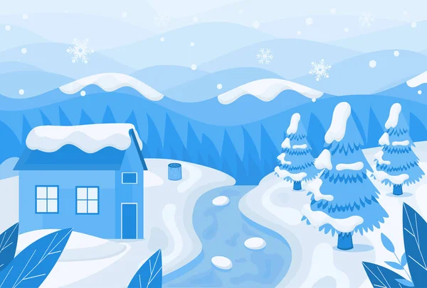 Concepto Paisaje Invernal Snowdrifts Árboles Navidad Con Casa Grande Cartel — Vector de stock