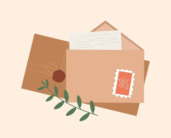 Envelopes Bonitos Com Letras Comunicação Remota Letras Com Folhas Adesivo — Vetor de Stock