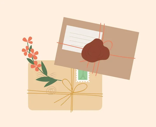 Envelopes Bonitos Com Letras Flor Selo Postal Envelope Símbolo Comunicação — Vetor de Stock
