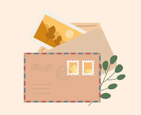 Envelopes Bonitos Com Letras Foto Carimbo Com Bule Símbolo Comunicação — Vetor de Stock