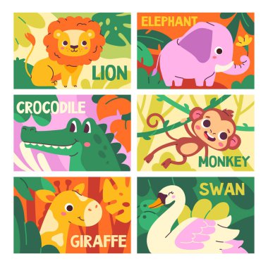 African animals poster set. Banners with lion, crocodile, elephant, monkey, giraffe and swan in jungle among leaves. Greeting card or cover. Cartoon flat vector collection isolated on white background clipart