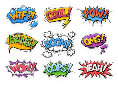 Popüler sanat tarzında komik patlamalar. Farklı ses efektlerinin yazılı olduğu retro konuşma baloncukları. Pow, wow, omg, oops, bang. Çizgi film düz vektör koleksiyonu beyaz arkaplanda izole edildi