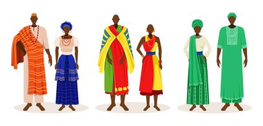 Kabile kostümü giymiş bir grup Afrikalı. Geleneksel ulusal giyimli, aksesuar ve başlıklı erkekler ve kadınlar. Nijerya sakinleri. Çizgi film düz vektör koleksiyonu beyaz üzerine izole edildi