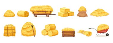 Bales of hay set. Stickers with stacks of dry rolls of hay, hayloft with pitchfork, farm wheelbarrow and cart. Harvesting straw or heaps of wheat. Cartoon flat vector collection isolated on white clipart