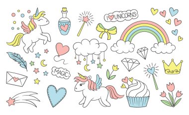 Tatlı sihirli çıkartmalar seti. Tek boynuzlu at, gökkuşağı, yıldızlar, bulutlar, kalpler ve harflerle karalama rozetleri. Sinir odası için tasarım elemanları. Çizgi film düz vektör koleksiyonu beyaz arkaplanda izole edildi