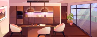 Modern mutfak iç mimarisi. Yemek masası, koltuklar, dolaplar, fırın, buzdolabı ve aydınlatma armatürleri olan şık bir yemek odası. Mobilyalı bir daire. Çizgi film düz vektör çizimi