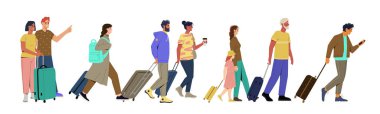Havaalanında bir grup turist. Erkek, kadın ve çocuk yolcuları seyahat veya bavullar veya bavullarla seyahat ederler. Tatil ya da macera. Çizgi film düz vektör çizimi beyaz arkaplanda izole edildi