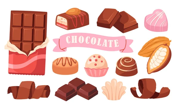 一组巧克力图标 用巧克力棒 甜糖果和可可豆做的贴纸或插图 美味的甜点和糖果 在白色背景下孤立的卡通平面矢量集合 — 图库矢量图片