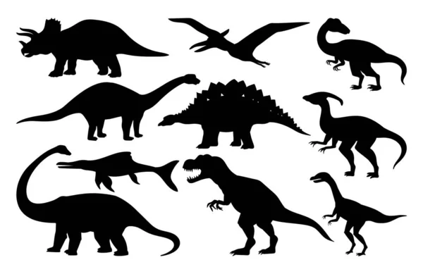 Conjunto Siluetas Oscuras Diferentes Dinosaurios Animales Monstruos Prehistóricos Triceratops Brontosaurus — Vector de stock