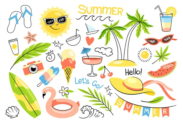 Zestaw Elementów Hello Summer Ilustracje Stylu Doodle Naklejki Lub Ikony — Wektor stockowy