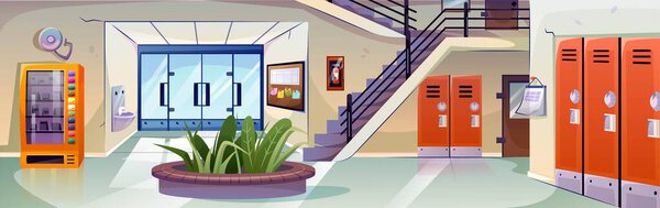 School hallway interior. University corridor with lockers, green plant, classrooms, stairs, vending machine and board with reminders and schedule. Campus lobby. Cartoon flat vector illustration