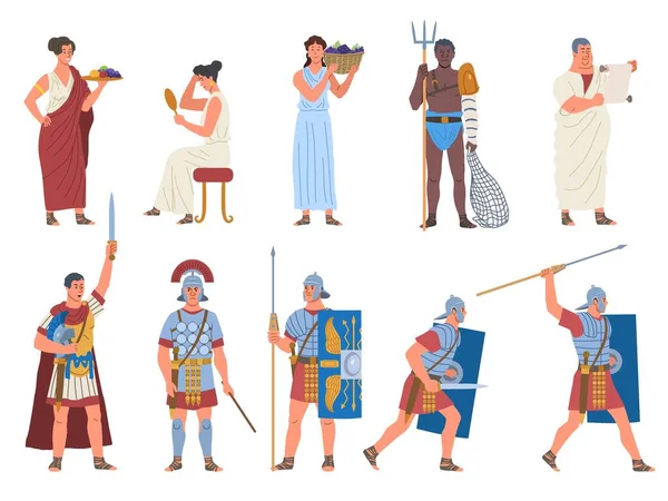 Conjunto Antiguos Romanos Hombres Mujeres Túnicas Armaduras Gladiadores Con Armas — Vector de stock