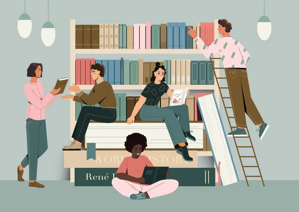 Studenten Lezen Boeken Jongens Meisjes Die Zich Voorbereiden Examens Bibliotheek — Stockvector