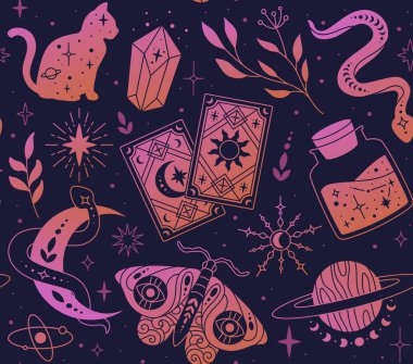 Esrarengiz, pürüzsüz desen. Kumaş üzerine baskı yapmak için tasarım ögesi tekrarlanıyor. Kutsal yılan, kedi ve kelebek siluetleri. Sihirli klasik siyah gotik şablon. Çizgi film düz vektör çizimi