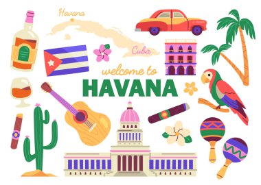 Havana setine hoş geldiniz. Papağan, gitar, marakas, kaktüs ve puro. Küba Ulusal Kongre Binası, Katedral ve bayrak. Araba ve avuç içi. Beyaz arkaplanda izole edilmiş çizgi film düz vektör çizimleri
