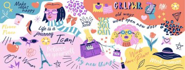 El yazısı sloganlar. Moda karalama tarzında tasarım ögeleri - aksesuarlar, alıntılar ve karakterler. Süs ve süs. Mesajı ya da yazması olan tatlı kızlar. Çizgi film düz vektör çizimi