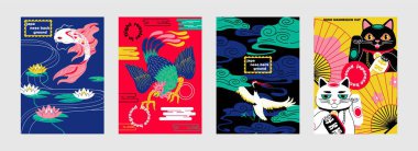 Japon tarzı poster seti. Balık, nilüfer, vinç, horoz ve Neko kedi mankeni olan zarif duvar sanatı. Kapaklar için dekoratif tasarım unsurları. Çizgi film düz vektör koleksiyonu gri üzerine izole edildi