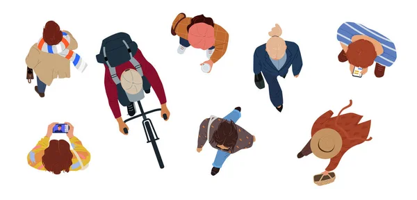 Vista Superior Gente Establecida Hombres Mujeres Andan Andan Bicicleta Por — Archivo Imágenes Vectoriales
