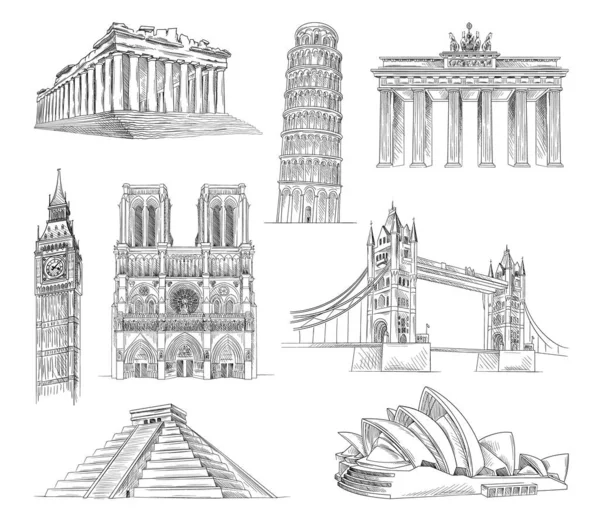 Line attractions of world. English and Australian buildings sketch. Set of landmarks from different countries. Tower of Pisa, Pantheon, Big Ben. Cartoon flat vector illustrations isolated on white
