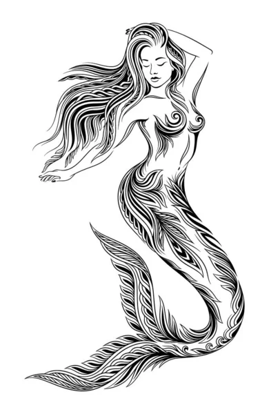 人魚の女の子のスケッチ おとぎ話と神話からの架空の性格 魚の尾が付いている美しく 魅力的な少女 タトゥーのための花の装飾の女性 漫画フラットベクターイラスト — ストックベクタ