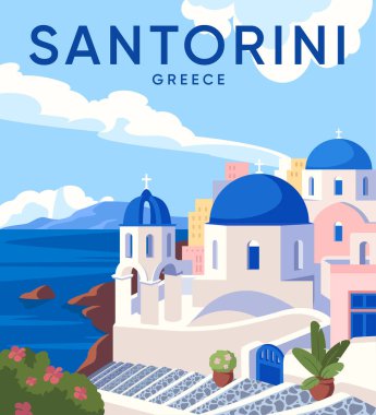 Renkli seyahat posteri. Deniz kıyısında mavi çatıları olan beyaz binaları olan Akdeniz Yunan mimarisi. Yunanistan Santorini. Turizm, tatil ve seyahat. Çizgi film düz vektör çizimi