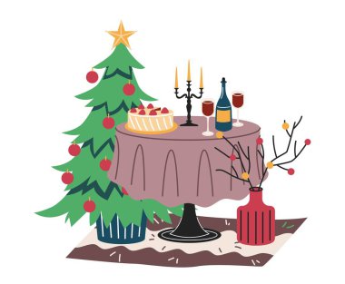 Noel 'in iç kısımları. Şampanya ve pastayla şenlikli akşam yemeği. Kış tatili için güzel süslenmiş Noel ağacı. - Mutlu yıllar. Çizgi film düz vektör çizimi beyaz arkaplanda izole edildi