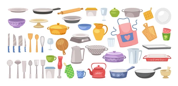 Комплект Кухонной Утвари Наклейки Посудой Столовыми Приборами Кухонными Принадлежностями Оборудованием — стоковый вектор