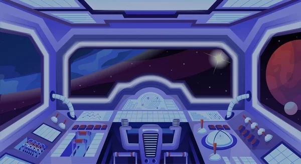 宇宙飞船或火箭内部 神奇的星舰或航天器驾驶舱与控制面板和按钮 电子游戏界面的设计元素或背景 卡通平面矢量插图 — 图库矢量图片