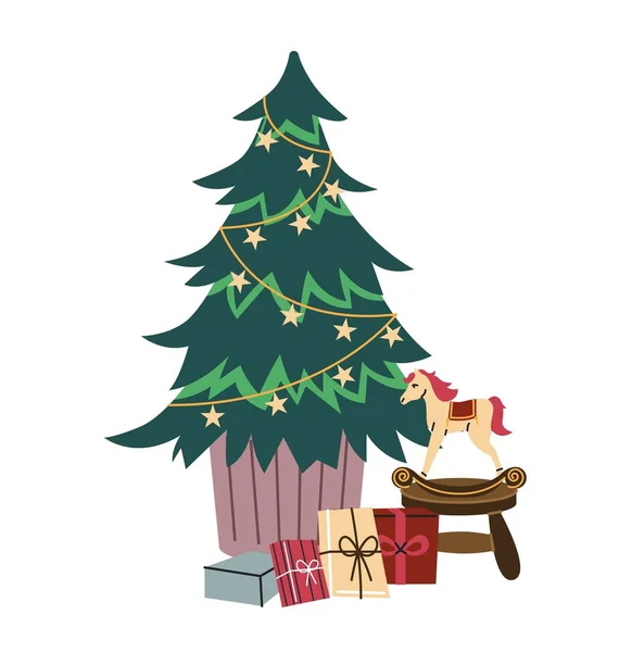 Noel Kısımları Çelenkli Noel Ağacı Hediyeler Geleneksel Oyuncaklar Kış Tatili — Stok Vektör