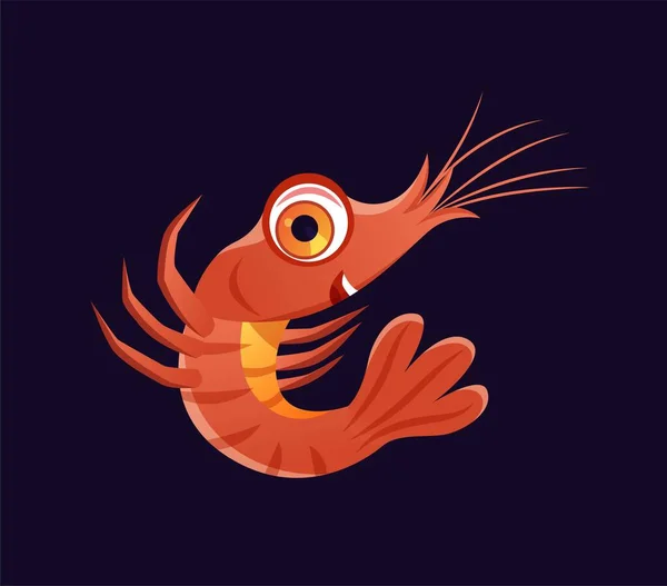 可爱的水下动物 色彩艳丽的红色虾贴纸 海岛或海洋的居民 海鲜或海洋生物 在黑暗背景下孤立的卡通平面矢量图解 — 图库矢量图片