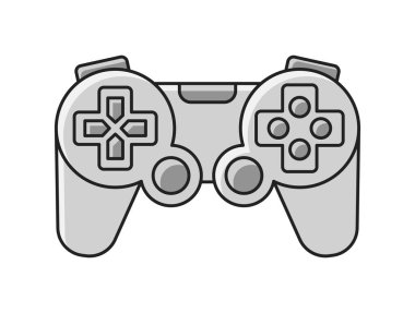Oyun ögesi simgesi. Video oyunları için düğmeleri ve sopaları olan modern kumandalı Retro etiketi. Oyun için joystick ya da oyun sahası. Çizgi film düz vektör çizimi beyaz arkaplanda izole edildi