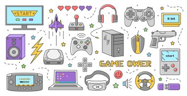 Oyun öğeleri örnekleme seti. Gamepad, kontrolör, oyun konsolu, joystick, bilgisayar ve video oyun kulaklığı ile geçmişe dönük çıkartmalar. Çizgi film düz vektör koleksiyonu beyaz arkaplanda izole edildi