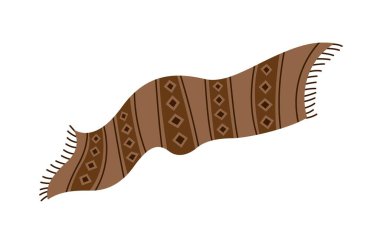 Çizgi film yün halısı. Kahverengi İran halısı, geometrik desenli ve püsküllü renkli çıkartma. Güzel halı. Ev dekorasyonu. Düz vektör çizimi beyaz arkaplanda izole edildi