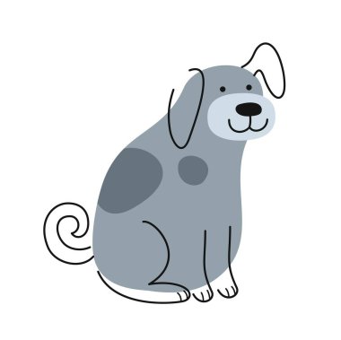 Tatlı Doodle Dog. Renkli çıkartma ya da gri komik köpek yavrusu olan bir ikon. Gülümseyen hayvan mı yoksa sevimli hayvan mı? Yazdırma için tasarım ögesi. Çizgi film düz vektör çizimi beyaz arkaplanda izole edildi