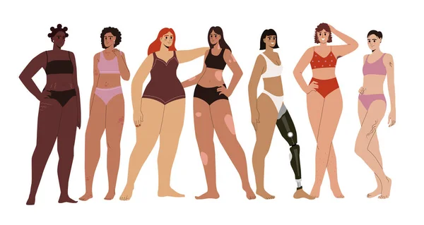 Body Positive Self Acceptance Women Different Ages Skin Colors Ethnic — Stock Vector