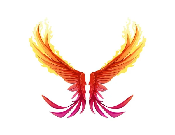 美丽的翅膀概念 火中或火中有燃烧的凤翼的梯度贴纸 神奇童话人物的双翼 在白色背景下孤立的卡通真实感矢量图解 — 图库矢量图片