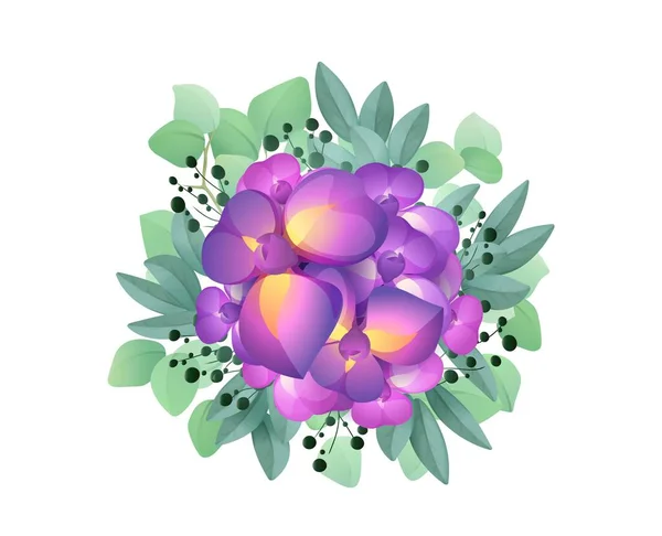 Акварельний Весільний Букет Красиві Квіти Або Бутони Фіолетових Ірисів Зеленим — стоковий вектор